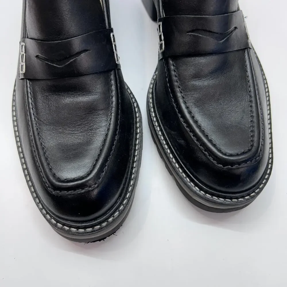 $228 Bernardo Black Slip On Leather Selma Loafers 10 Lug Sole Preppy Block Heel